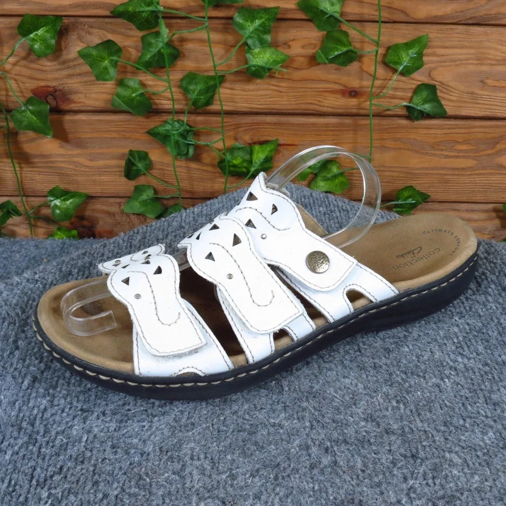 Clarks Leisa Cacti Womens Slide Sandals Size 10 Walking Comfort White Leather